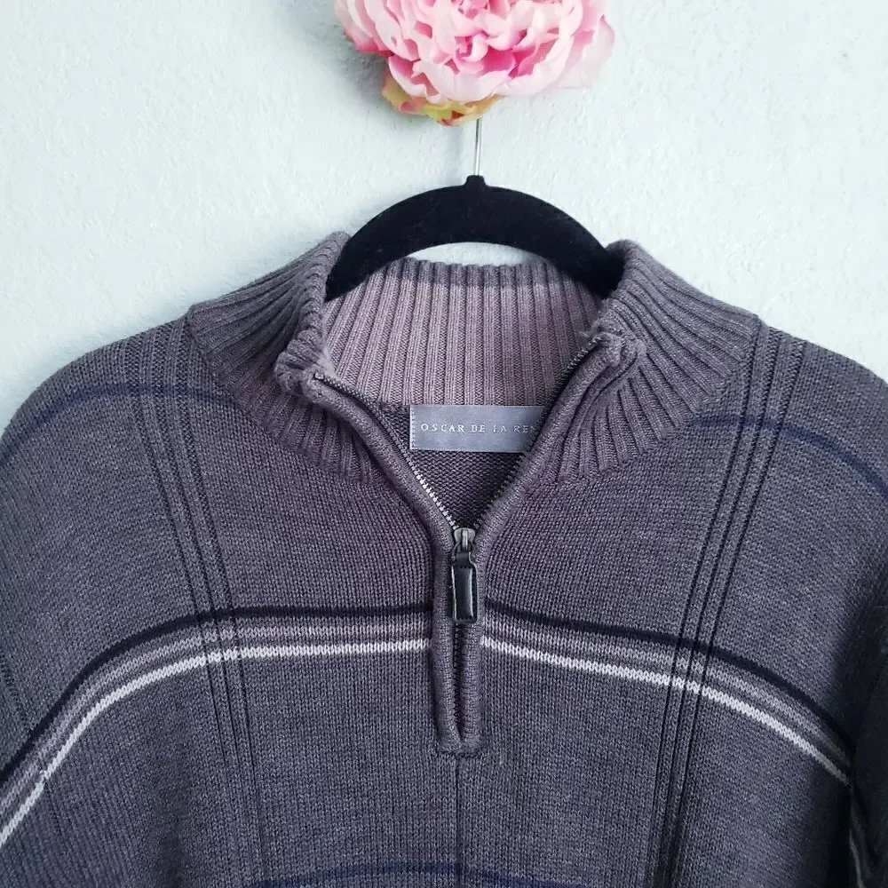 Oscar De La Renta Gray Stripped Quarter Zip Pullover Cotton Sweater